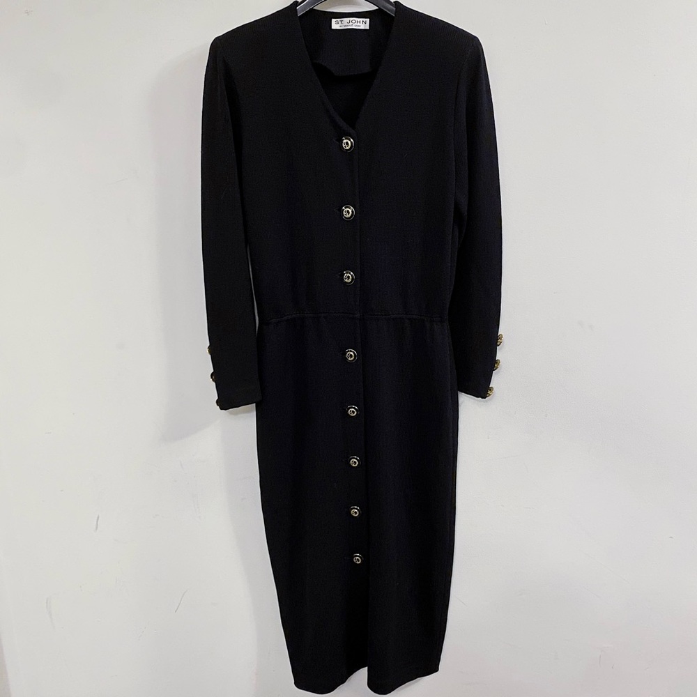 St John Knit Black Gold Long Sleeve Button Up Cardigan Midi Dress 8 Medium M USA